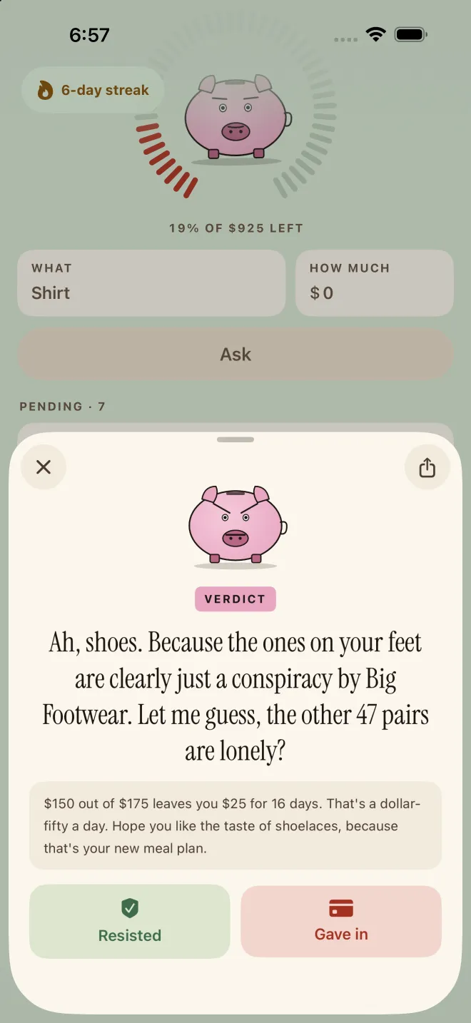 Pork's verdict on a pair of shoes: a roast about the other 47 pairs, the math left for 16 days, and Resisted or Gave in buttons